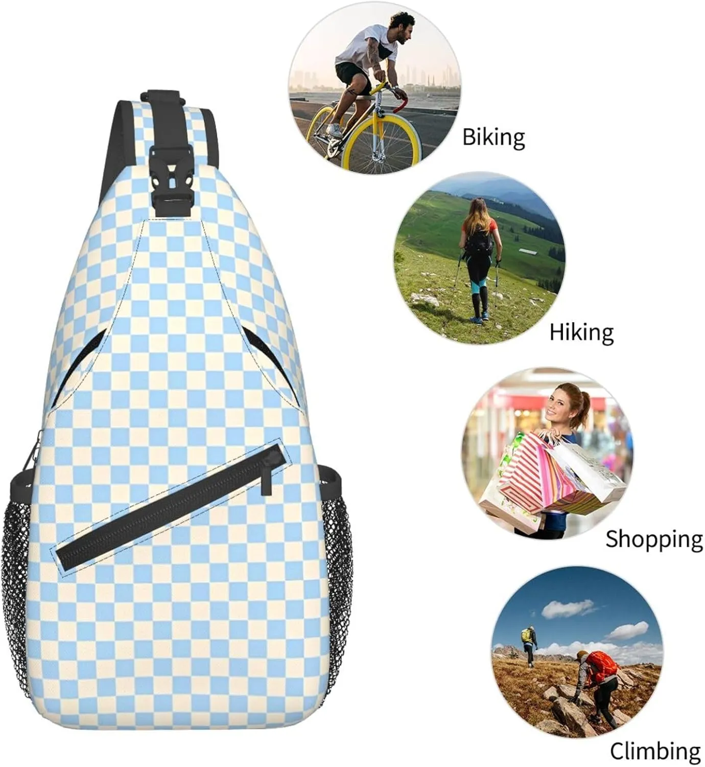 Blue Check Chest Sling Bag Crossbody Shoulder Backpack Bag Gym Cycling Travel Hiking Daypack Cross Bag