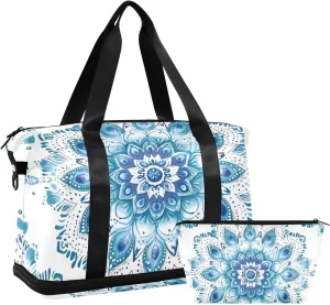 Blue Floral Mandala Versatile Sports Travel Bag - Lasting Twill Tote, Removable Wheel & Rod Bagging, Multi-pocket Design, Complimentary Makeup Bag