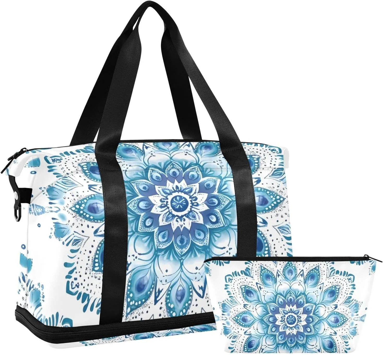 Blue Floral Mandala Versatile Sports Travel Bag - Lasting Twill Tote, Removable Wheel & Rod Bagging, Multi-pocket Design, Complimentary Makeup Bag