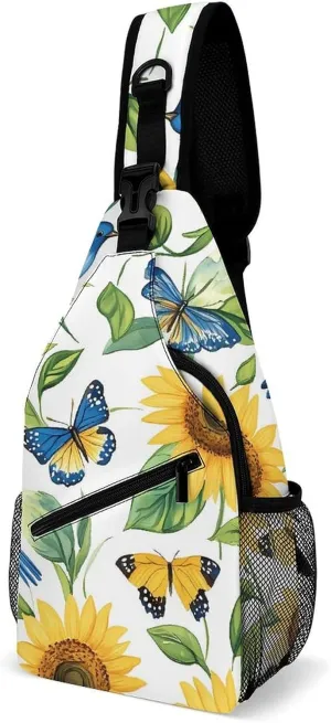Blue Jay Birds Sunflowers Butterfly Casual Sling Bag Backpack Travel Shoulder Chest Crossbody Bags Adjustable Daypack Unisex