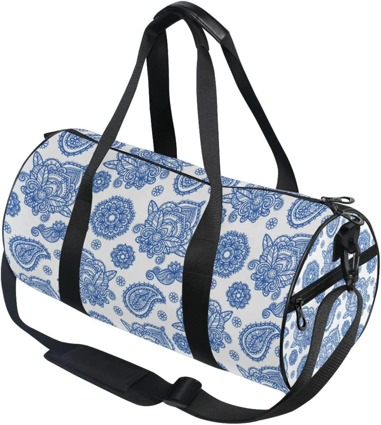 Blue Tribal Art Abstract Ethnic Ornament Seamless on White Duffel Bag, Foldable Canvas Travel Tote for Gym Sports with Inner Pockets, Durable Lightweight Fitness Bag for Overnight Workout