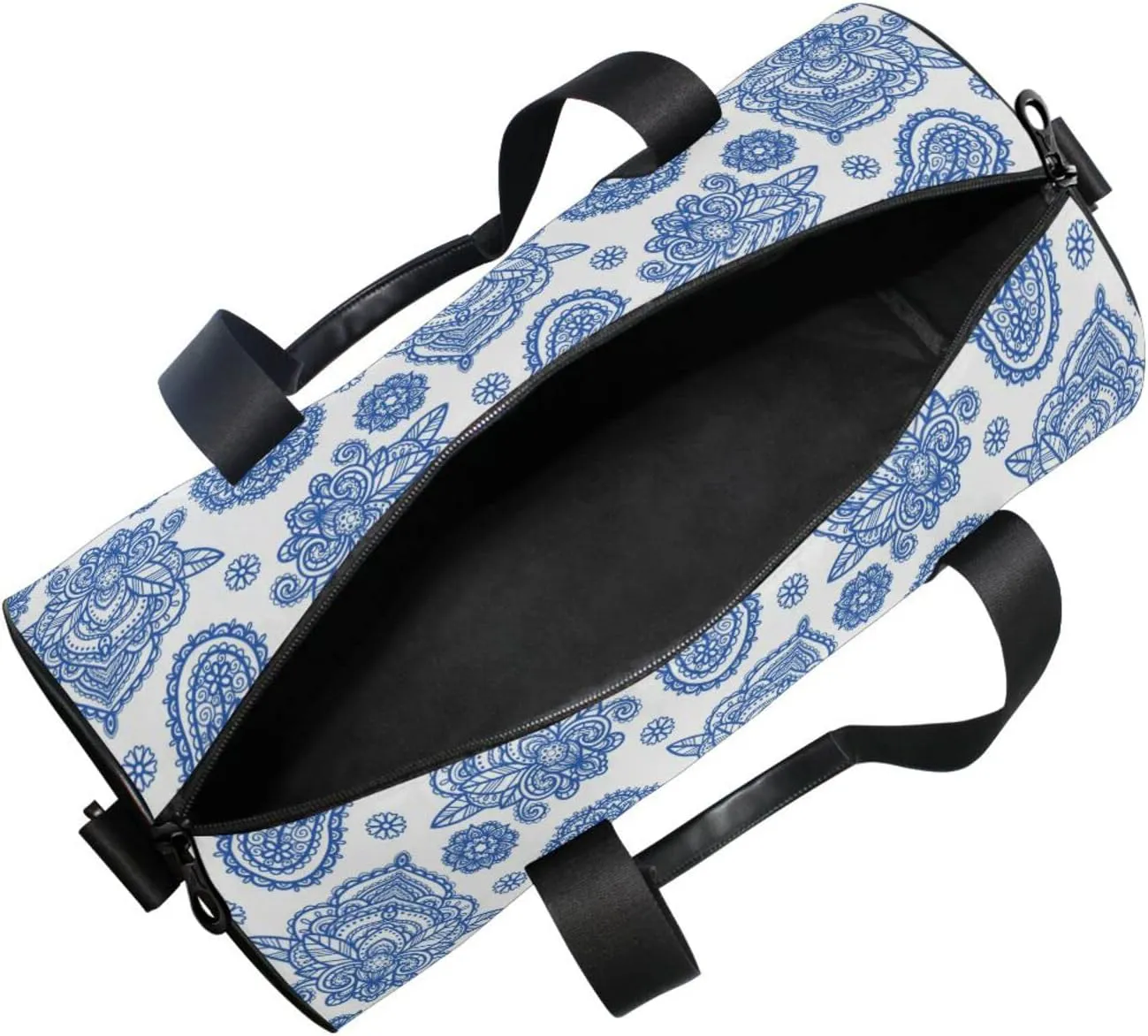 Blue Tribal Art Abstract Ethnic Ornament Seamless on White Duffel Bag, Foldable Canvas Travel Tote for Gym Sports with Inner Pockets, Durable Lightweight Fitness Bag for Overnight Workout