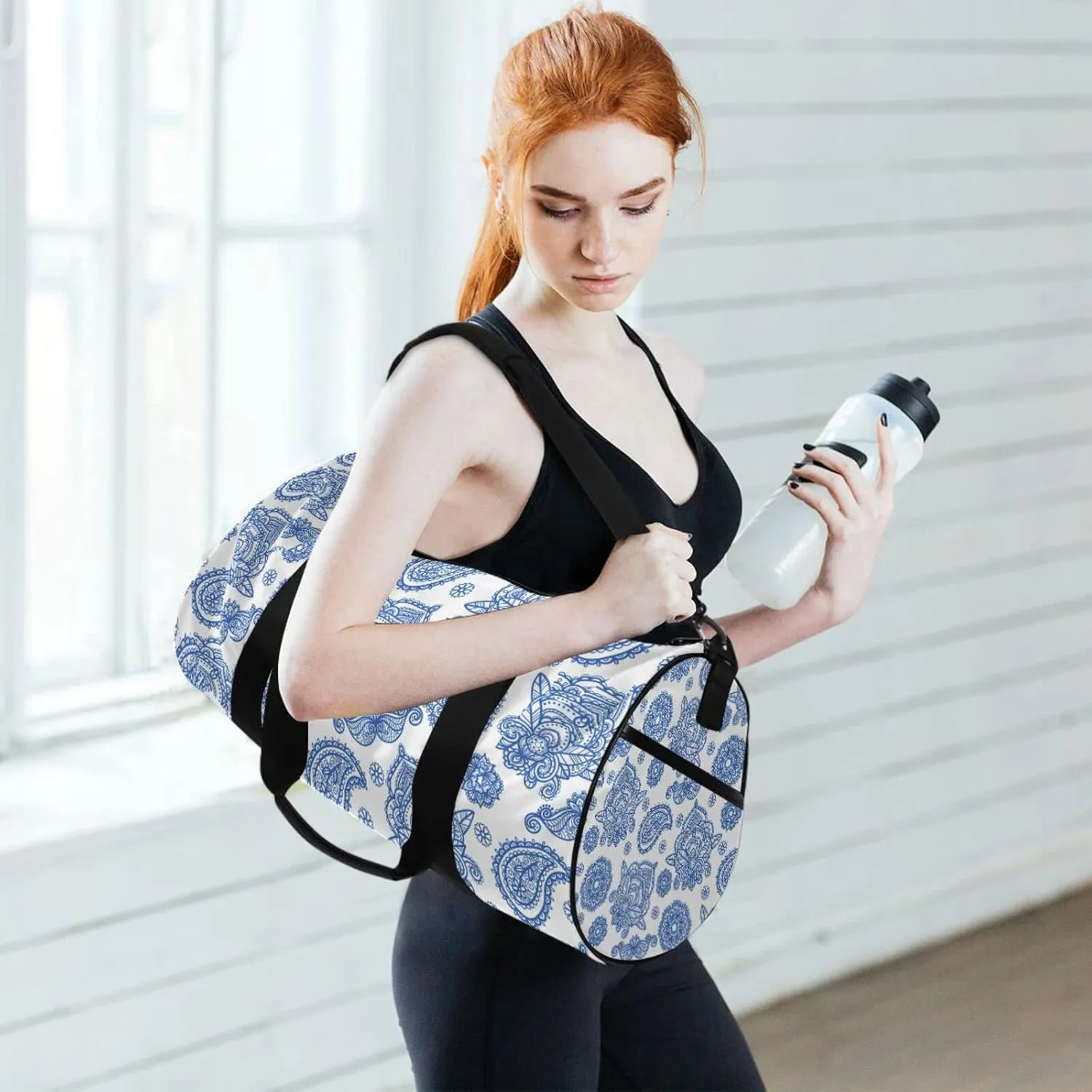 Blue Tribal Art Abstract Ethnic Ornament Seamless on White Duffel Bag, Foldable Canvas Travel Tote for Gym Sports with Inner Pockets, Durable Lightweight Fitness Bag for Overnight Workout
