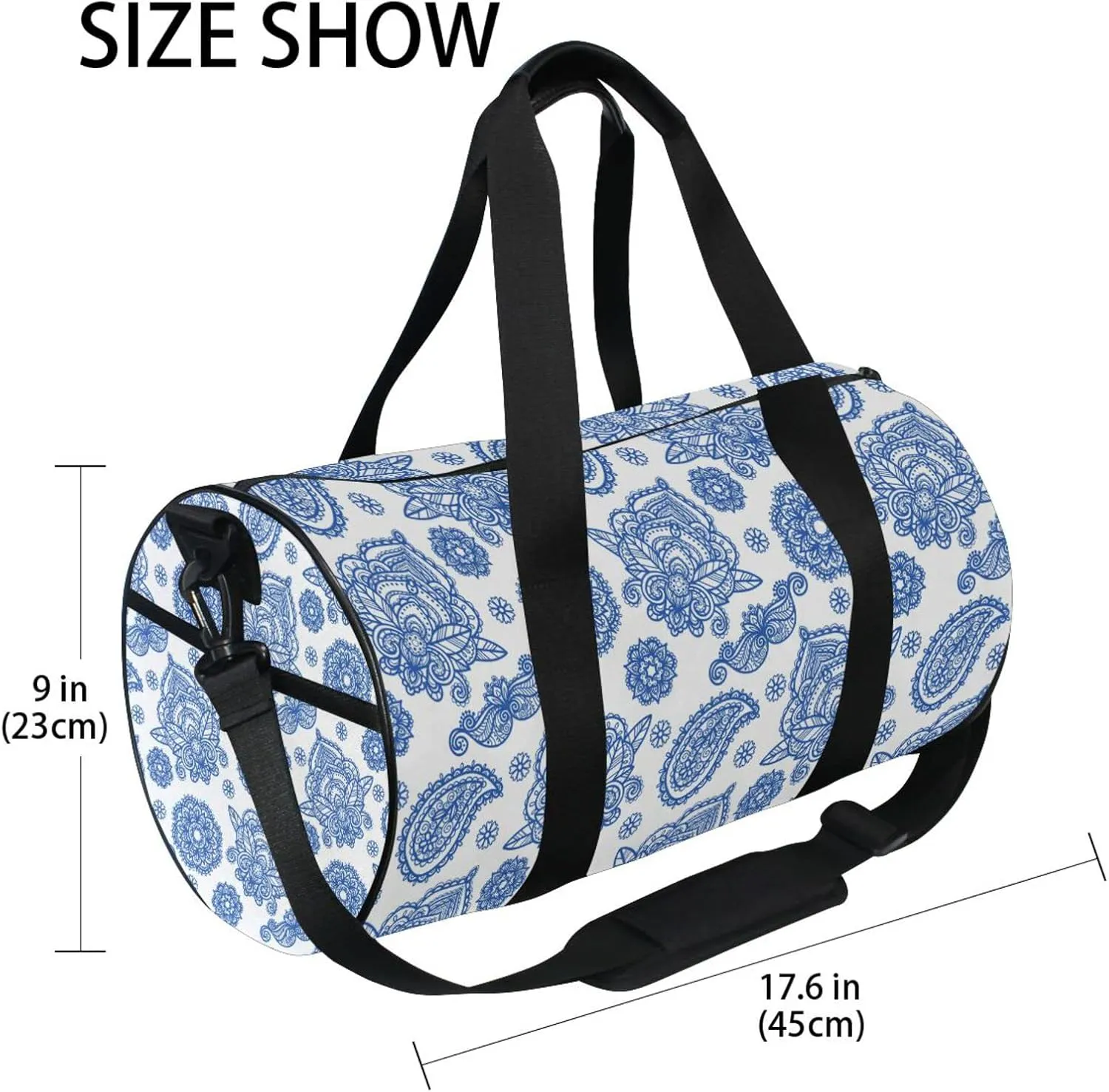Blue Tribal Art Abstract Ethnic Ornament Seamless on White Duffel Bag, Foldable Canvas Travel Tote for Gym Sports with Inner Pockets, Durable Lightweight Fitness Bag for Overnight Workout