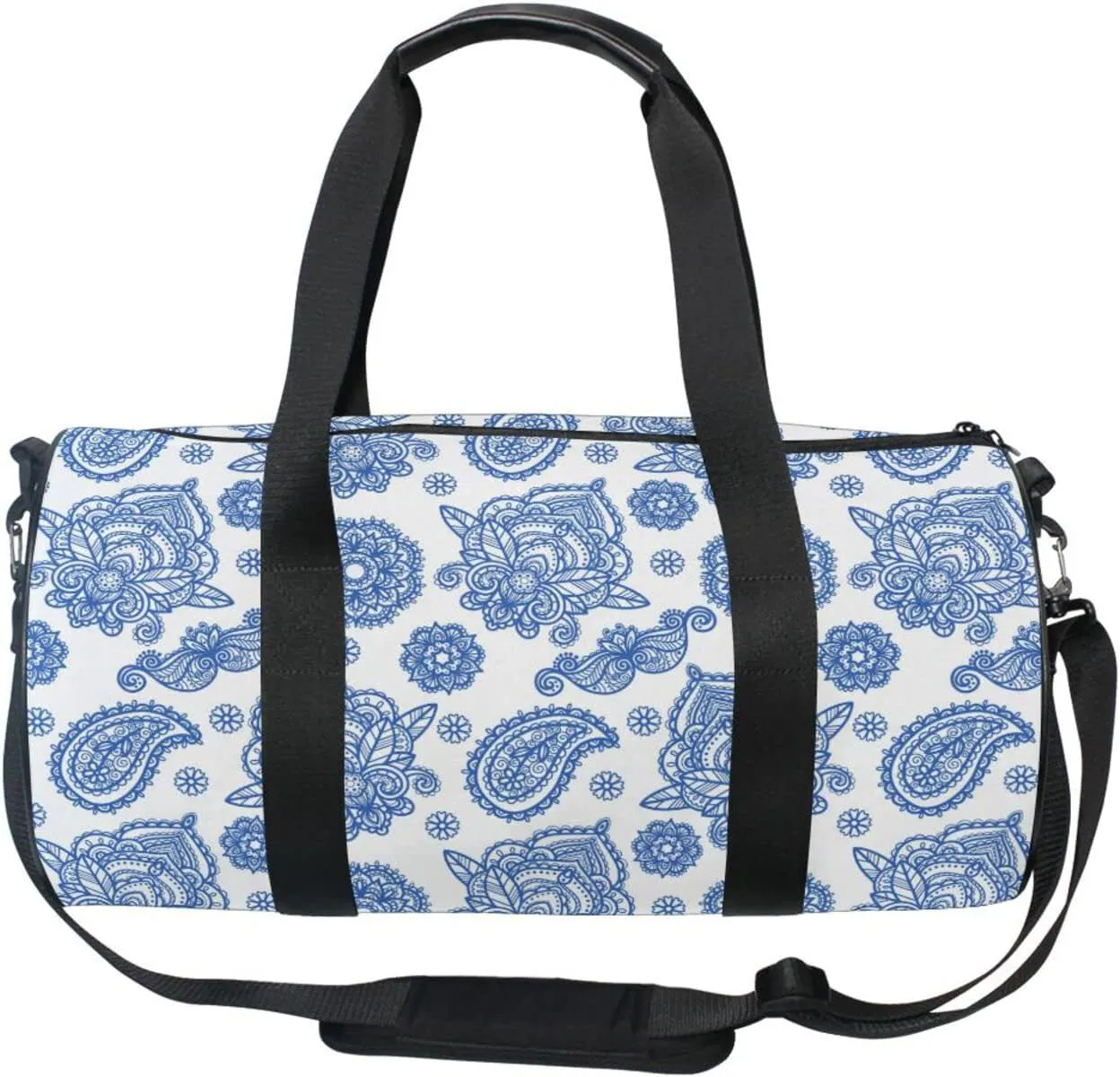 Blue Tribal Art Abstract Ethnic Ornament Seamless on White Duffel Bag, Foldable Canvas Travel Tote for Gym Sports with Inner Pockets, Durable Lightweight Fitness Bag for Overnight Workout