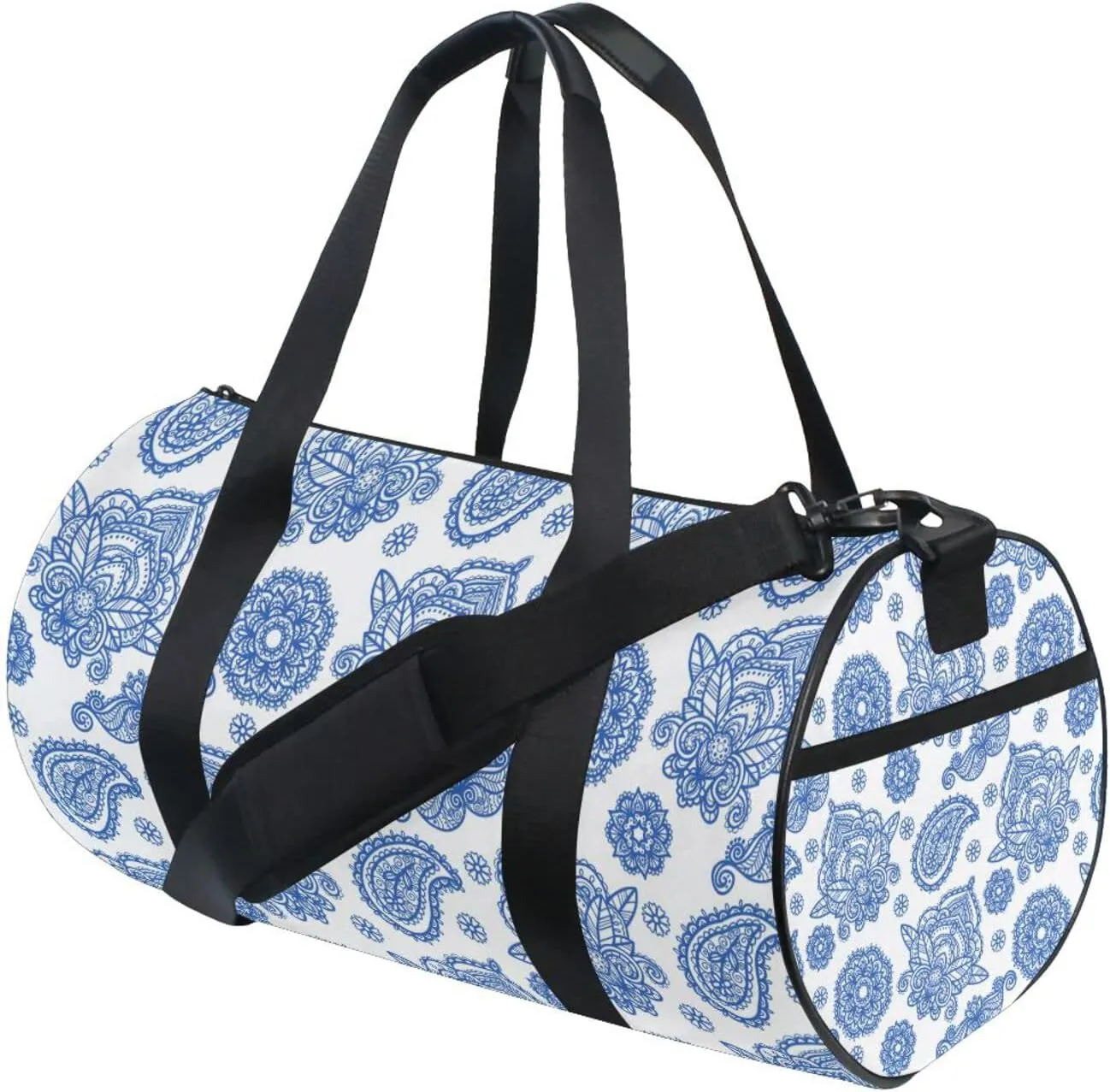 Blue Tribal Art Abstract Ethnic Ornament Seamless on White Duffel Bag, Foldable Canvas Travel Tote for Gym Sports with Inner Pockets, Durable Lightweight Fitness Bag for Overnight Workout