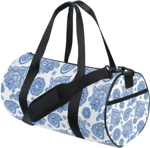 Blue Tribal Art Abstract Ethnic Ornament Seamless on White Duffel Bag, Foldable Canvas Travel Tote for Gym Sports with Inner Pockets, Durable Lightweight Fitness Bag for Overnight Workout