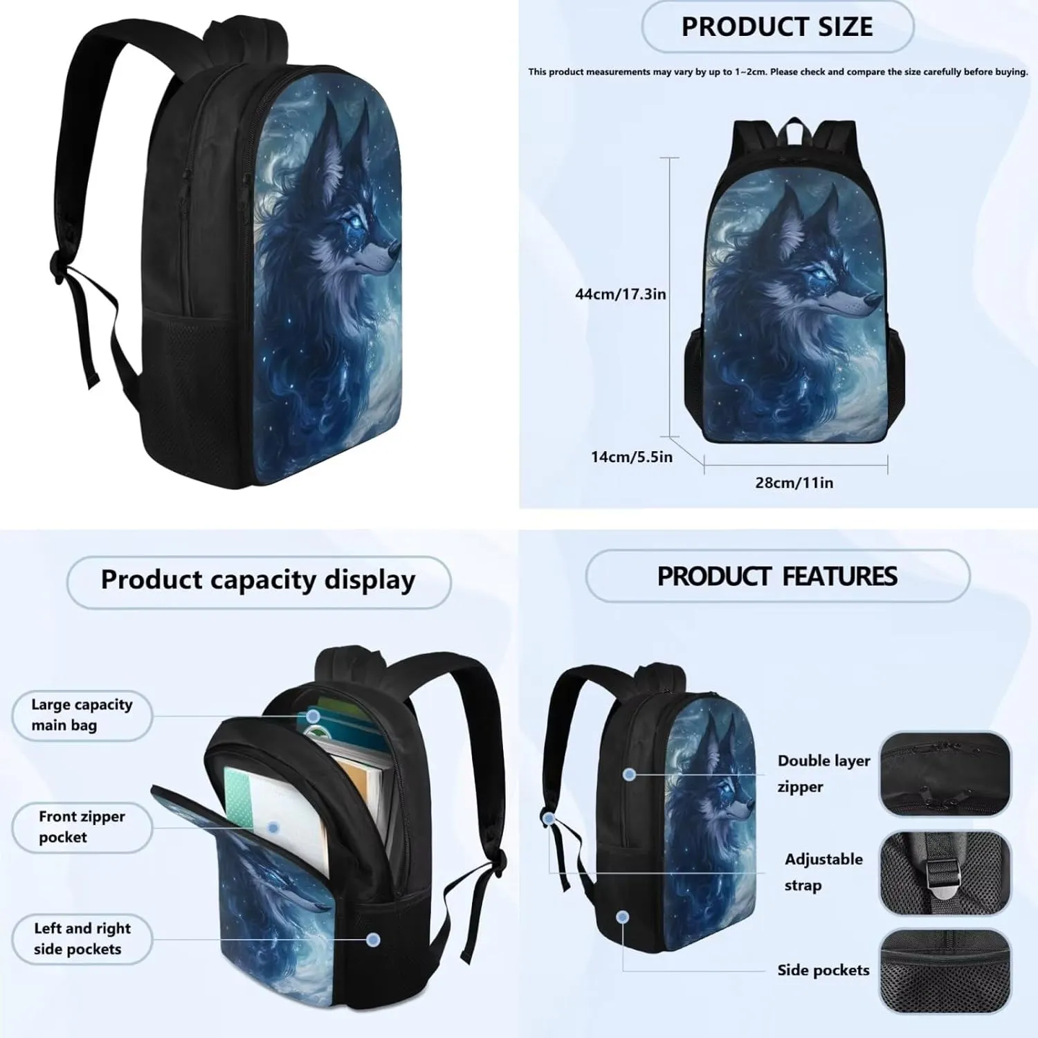 Blue Wolf Backpack for Boys Kids BookBag with Lunch Box Set of 4 Kids School Bag with Water Bottle Sleeve and Pencil Case 17 inch Lightweight Elementary School Backpacks for Boys