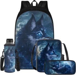 Blue Wolf Backpack for Boys Kids BookBag with Lunch Box Set of 4 Kids School Bag with Water Bottle Sleeve and Pencil Case 17 inch Lightweight Elementary School Backpacks for Boys