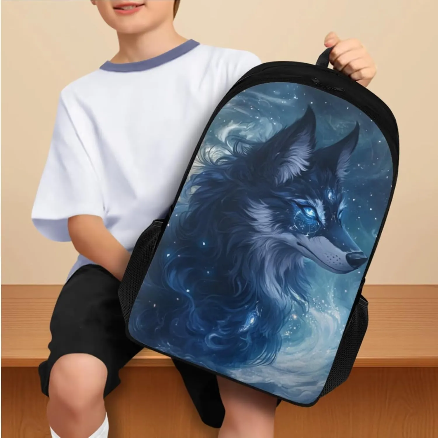Blue Wolf Backpack for Boys Kids BookBag with Lunch Box Set of 4 Kids School Bag with Water Bottle Sleeve and Pencil Case 17 inch Lightweight Elementary School Backpacks for Boys
