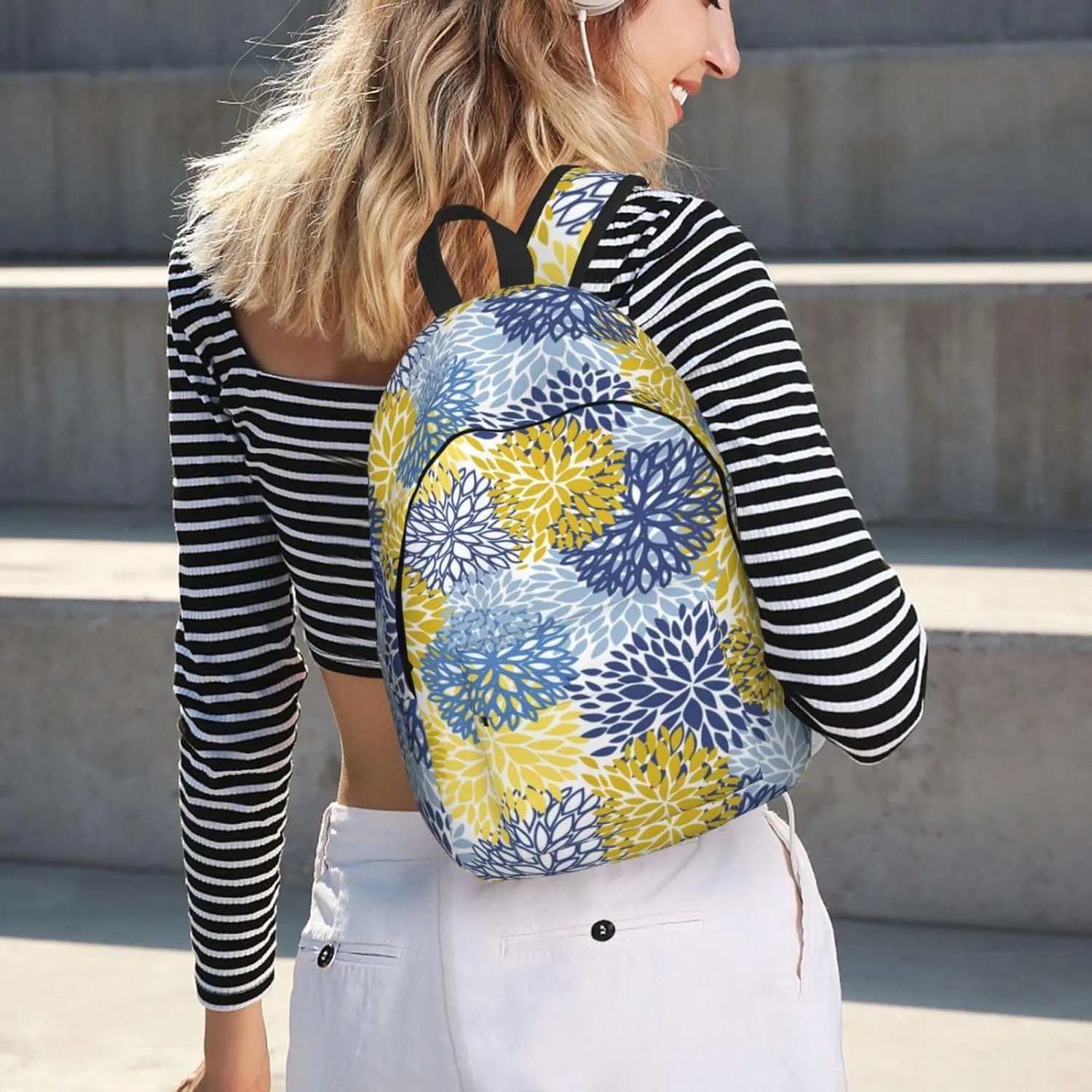 Blue Yellow And Navy Chrysanthemum Flowers Backpack 17.7 Inch Laptop Backpack Travel Hiking Daypack Daisy Floral Multipurpose Bookbag For Men Women