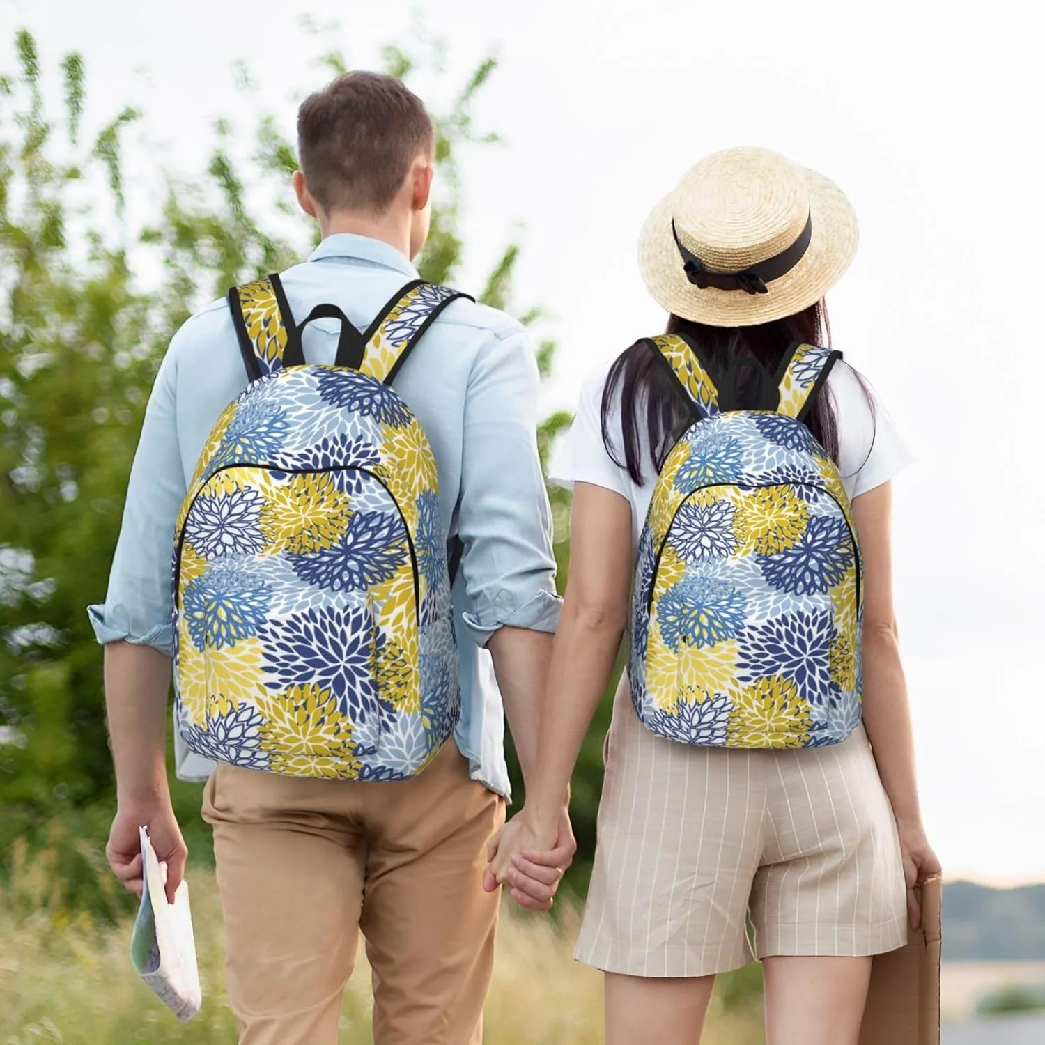 Blue Yellow And Navy Chrysanthemum Flowers Backpack 17.7 Inch Laptop Backpack Travel Hiking Daypack Daisy Floral Multipurpose Bookbag For Men Women