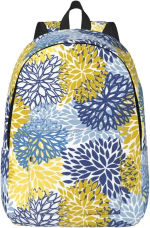 Blue Yellow And Navy Chrysanthemum Flowers Backpack 17.7 Inch Laptop Backpack Travel Hiking Daypack Daisy Floral Multipurpose Bookbag For Men Women