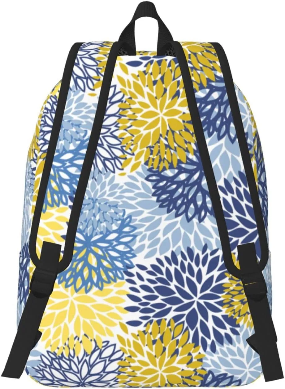 Blue Yellow And Navy Chrysanthemum Flowers Backpack 17.7 Inch Laptop Backpack Travel Hiking Daypack Daisy Floral Multipurpose Bookbag For Men Women