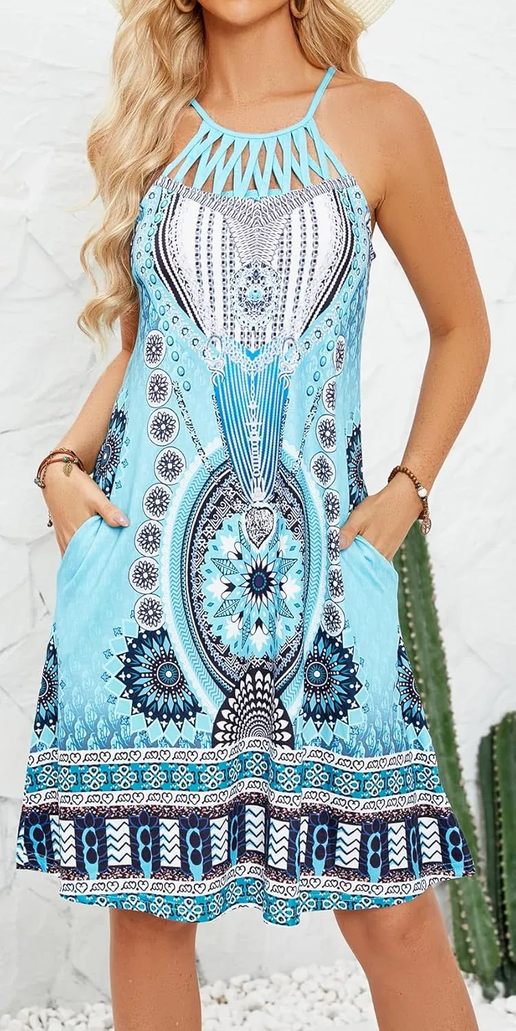 Bluetime Womens Summer Casual Halter Dress Crochet Hollow Out A-line Floral Boho Beach Sundresses with Pockets