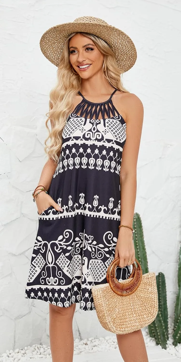Bluetime Womens Summer Casual Halter Dress Crochet Hollow Out A-line Floral Boho Beach Sundresses with Pockets