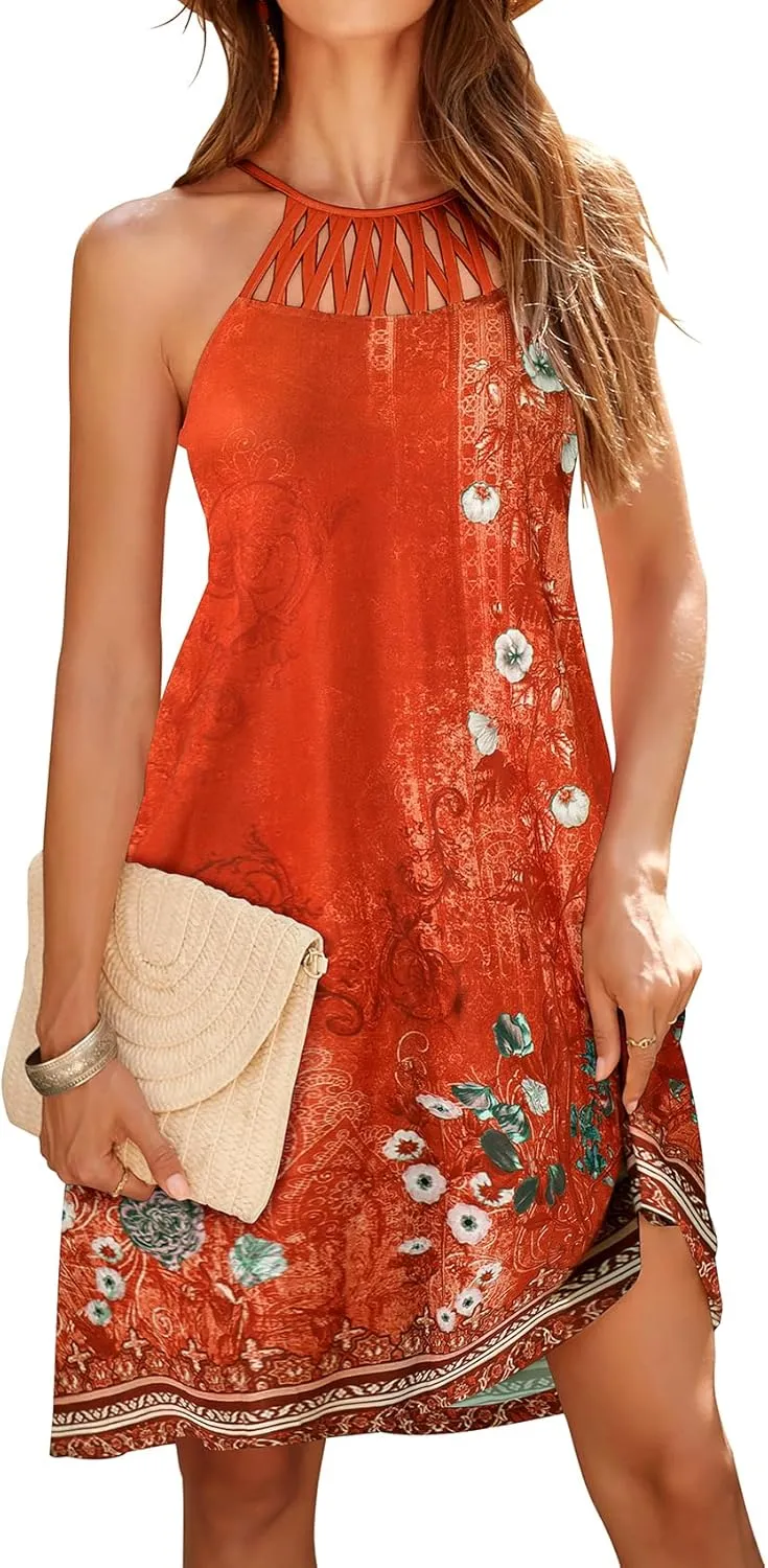 Bluetime Womens Summer Casual Halter Dress Crochet Hollow Out A-line Floral Boho Beach Sundresses with Pockets