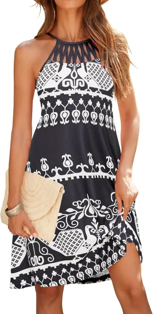 Bluetime Womens Summer Casual Halter Dress Crochet Hollow Out A-line Floral Boho Beach Sundresses with Pockets