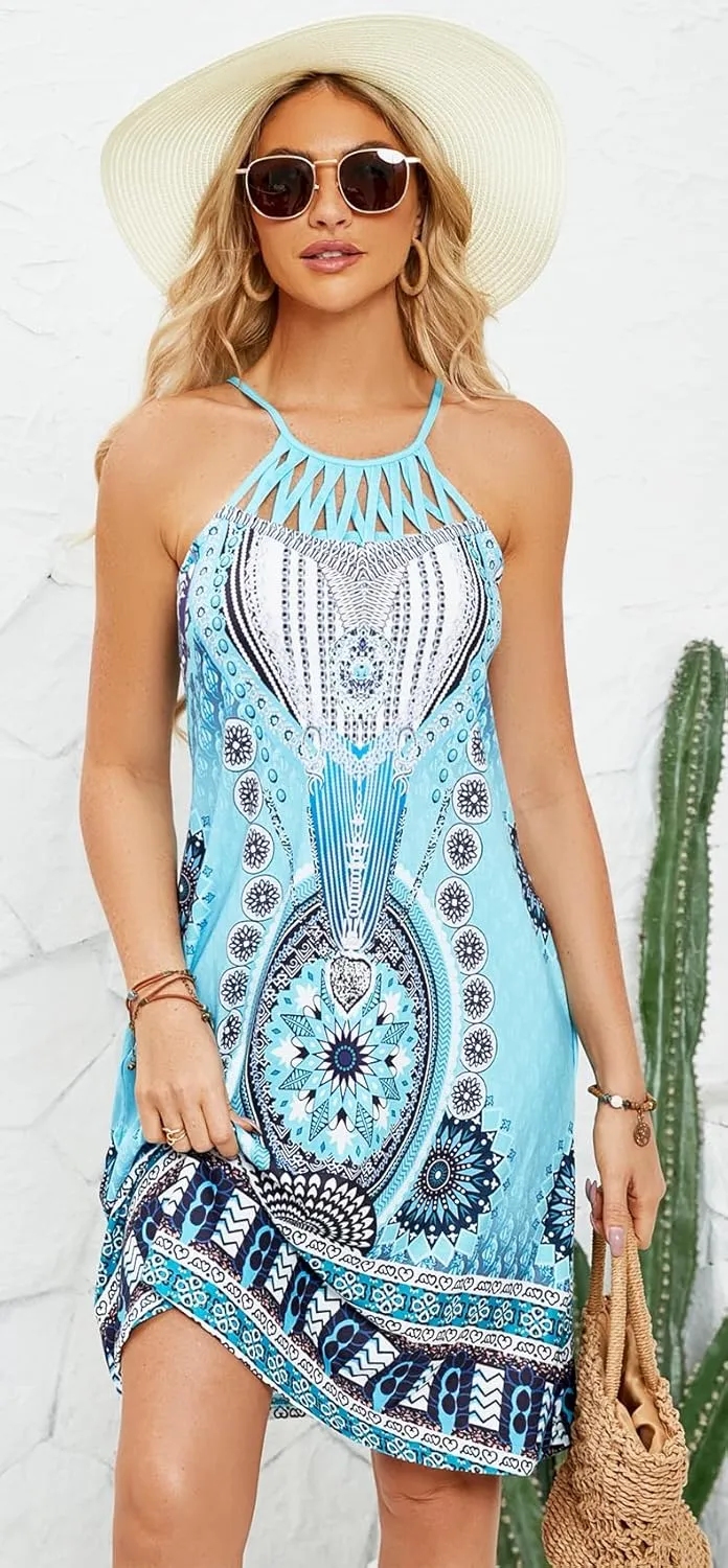 Bluetime Womens Summer Casual Halter Dress Crochet Hollow Out A-line Floral Boho Beach Sundresses with Pockets