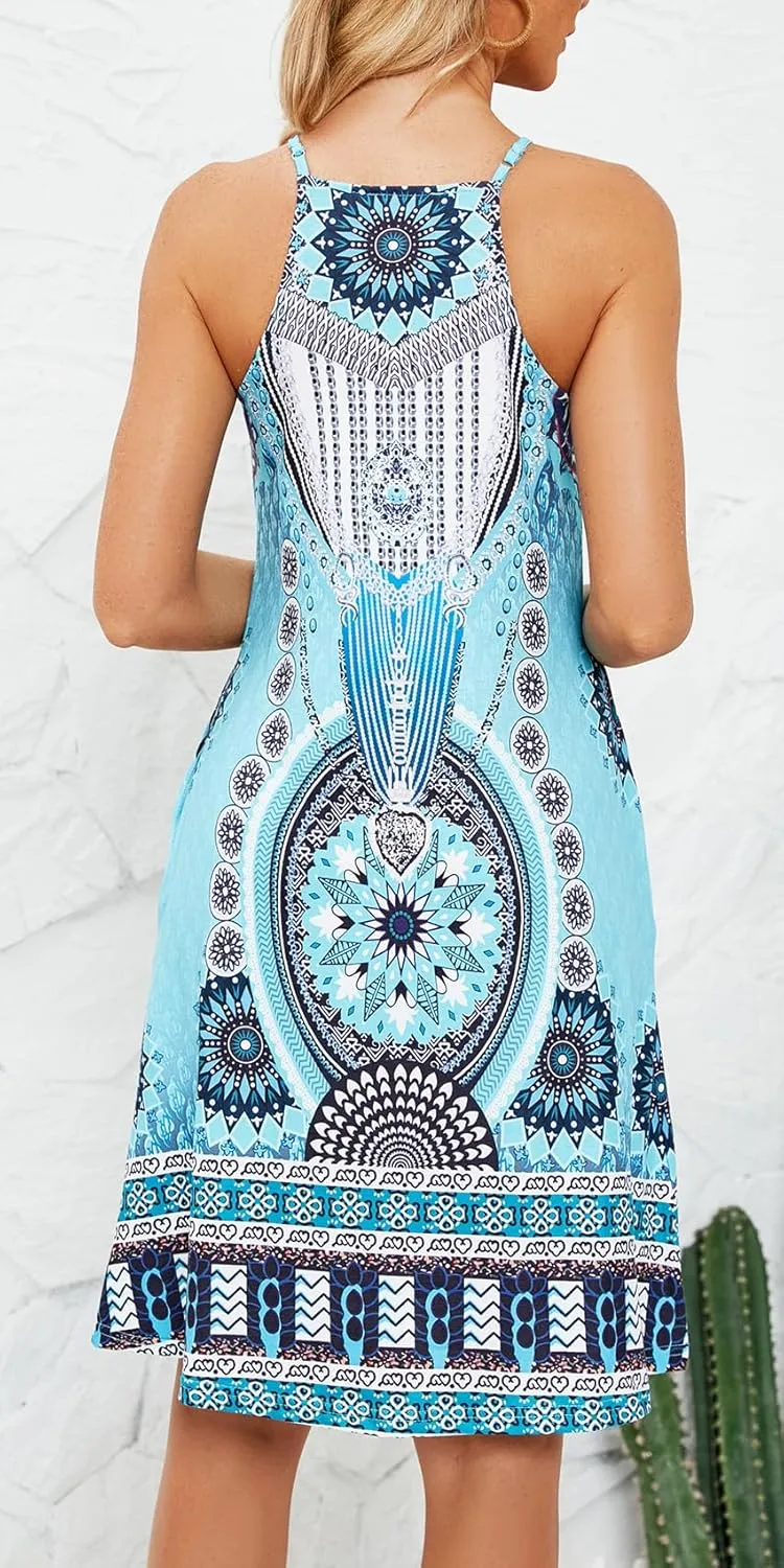 Bluetime Womens Summer Casual Halter Dress Crochet Hollow Out A-line Floral Boho Beach Sundresses with Pockets