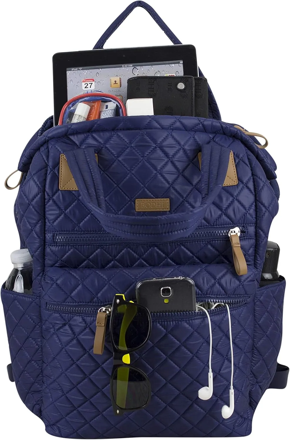BODHI Womens Quilted Luxe Top Handle Travel Shoulder Work Bag Convertible Backpack Purse Casual with Trolley Sleeve, Navy