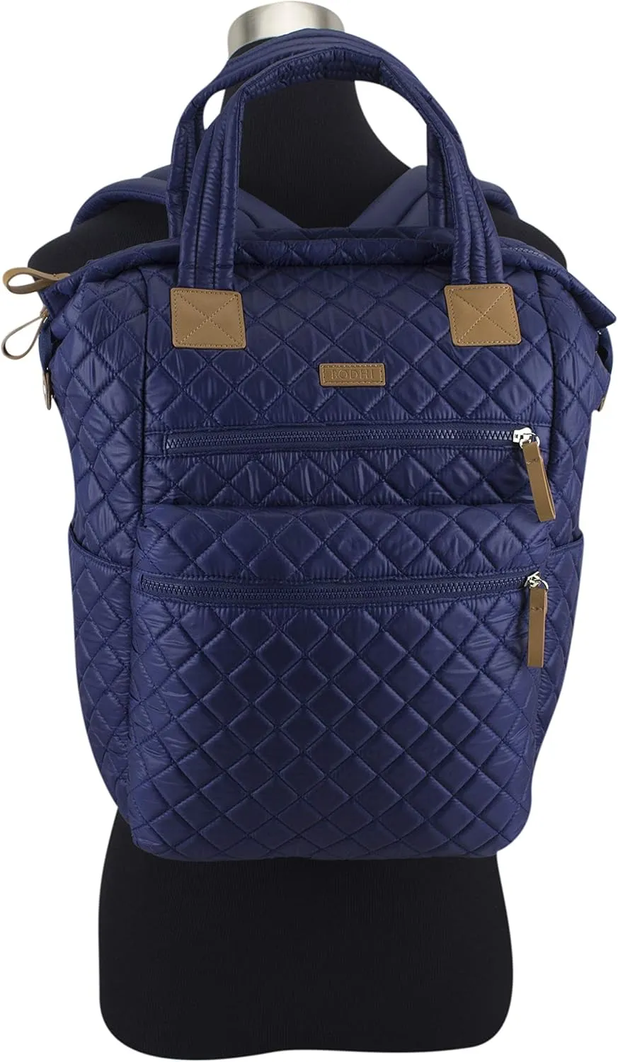 BODHI Womens Quilted Luxe Top Handle Travel Shoulder Work Bag Convertible Backpack Purse Casual with Trolley Sleeve, Navy