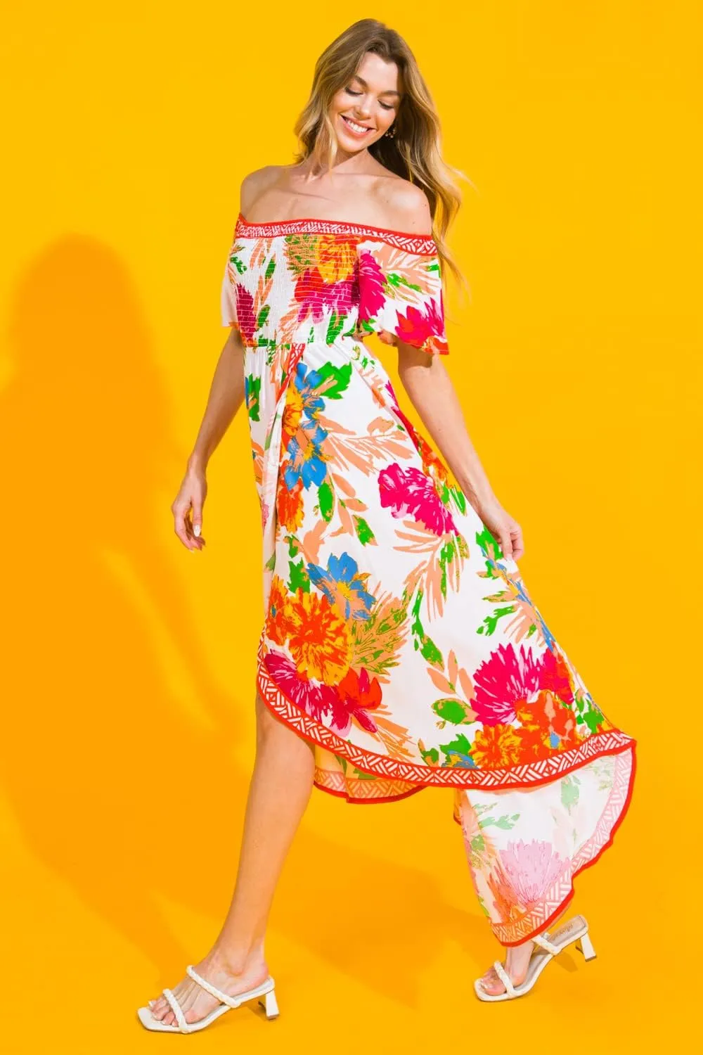 Bohemian Off Shoulder Maxi Dress - Hi Low Hem Tropical Floral Smocked Dress