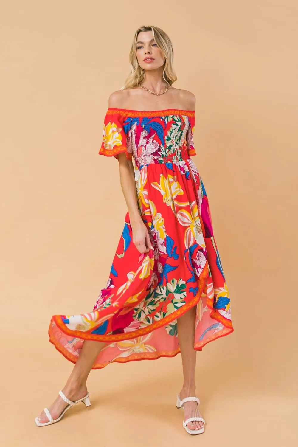 Bohemian Off Shoulder Maxi Dress - Hi Low Hem Tropical Floral Smocked Dress