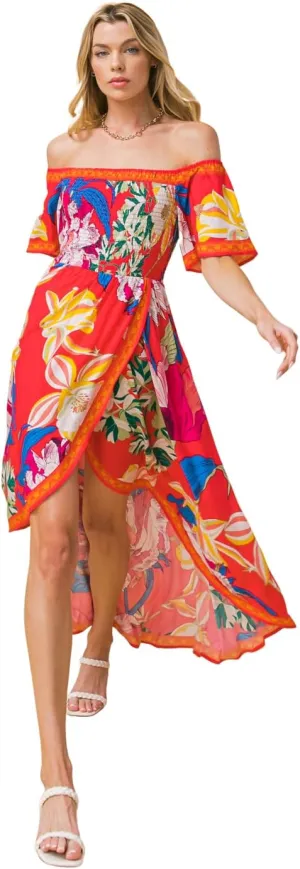 Bohemian Off Shoulder Maxi Dress - Hi Low Hem Tropical Floral Smocked Dress