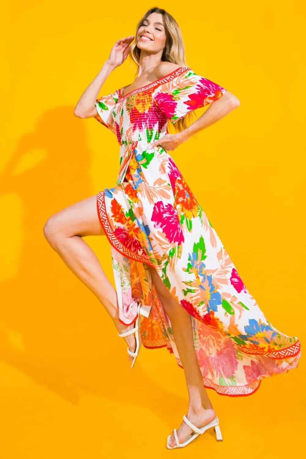 Bohemian Off Shoulder Maxi Dress - Hi Low Hem Tropical Floral Smocked Dress