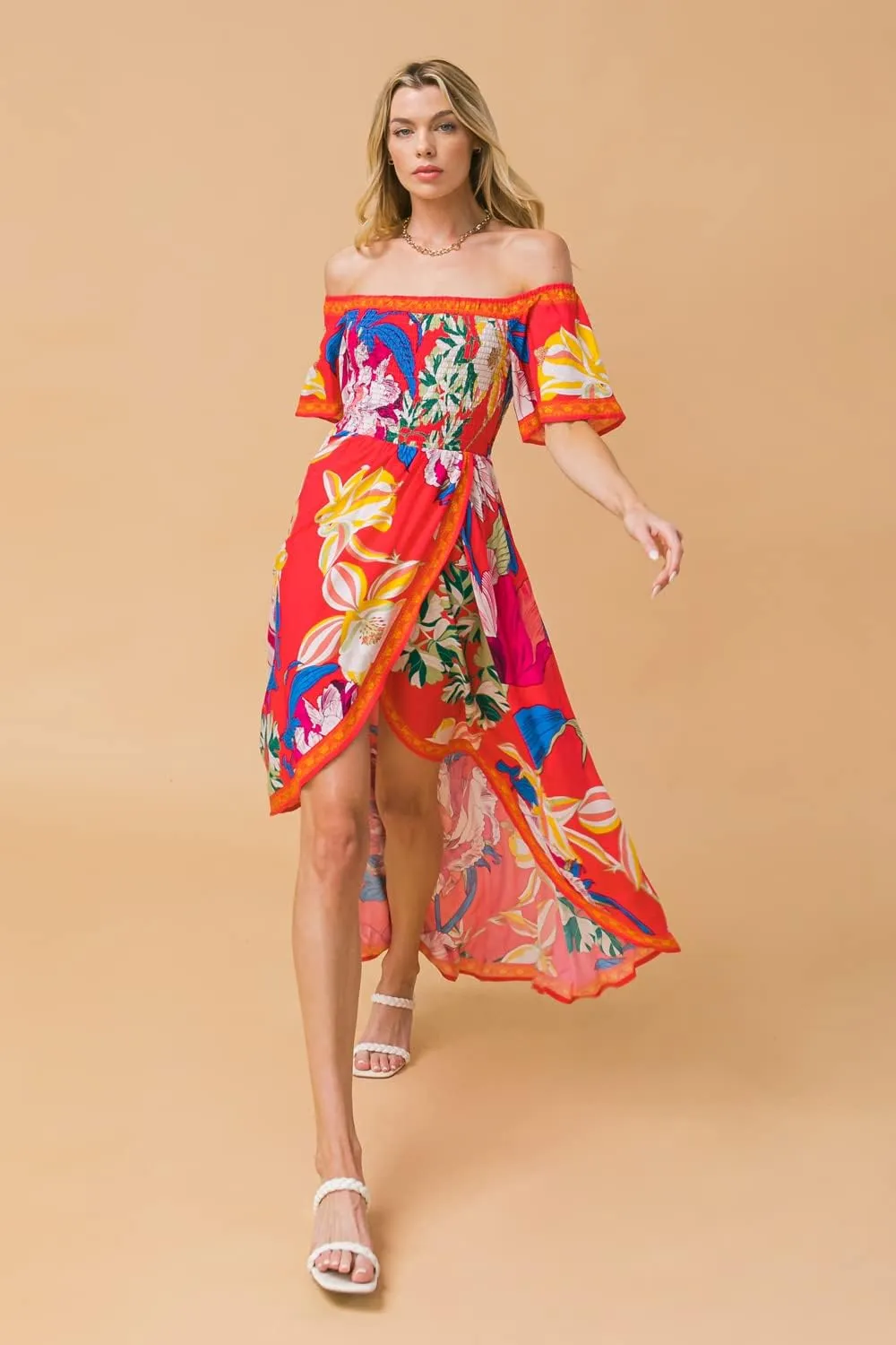 Bohemian Off Shoulder Maxi Dress - Hi Low Hem Tropical Floral Smocked Dress