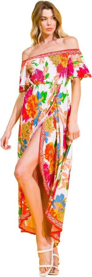 Bohemian Off Shoulder Maxi Dress - Hi Low Hem Tropical Floral Smocked Dress