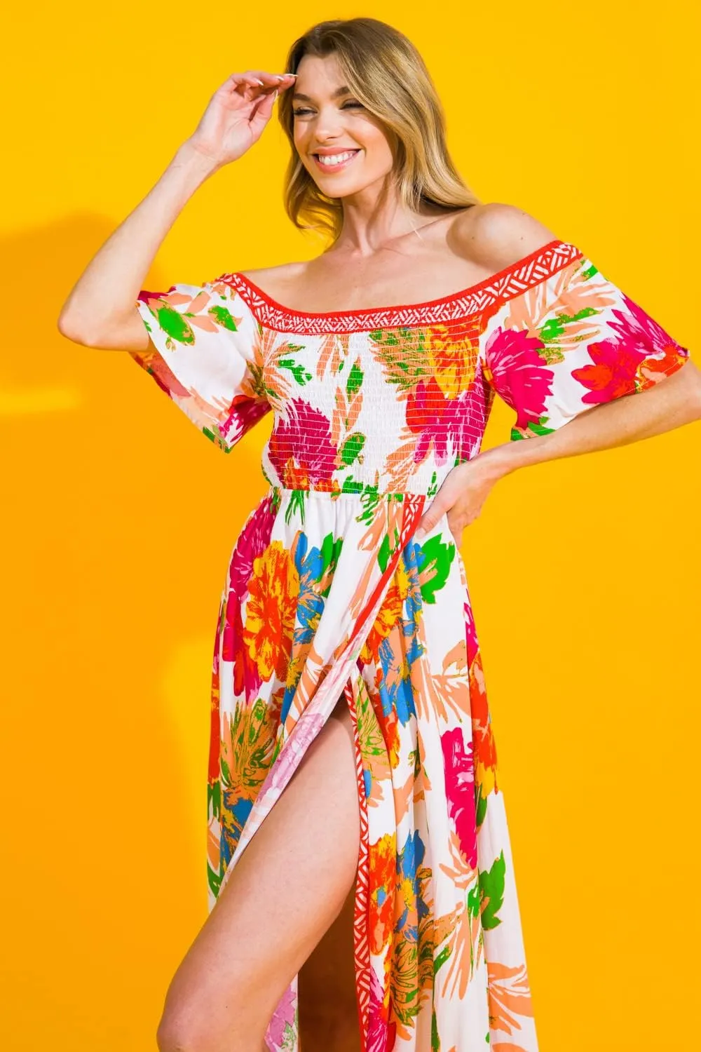 Bohemian Off Shoulder Maxi Dress - Hi Low Hem Tropical Floral Smocked Dress