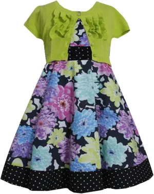 Bonnie Jean Little Girls 2T-6X Lime-Green Black Floral Print Dress/Jacket Set