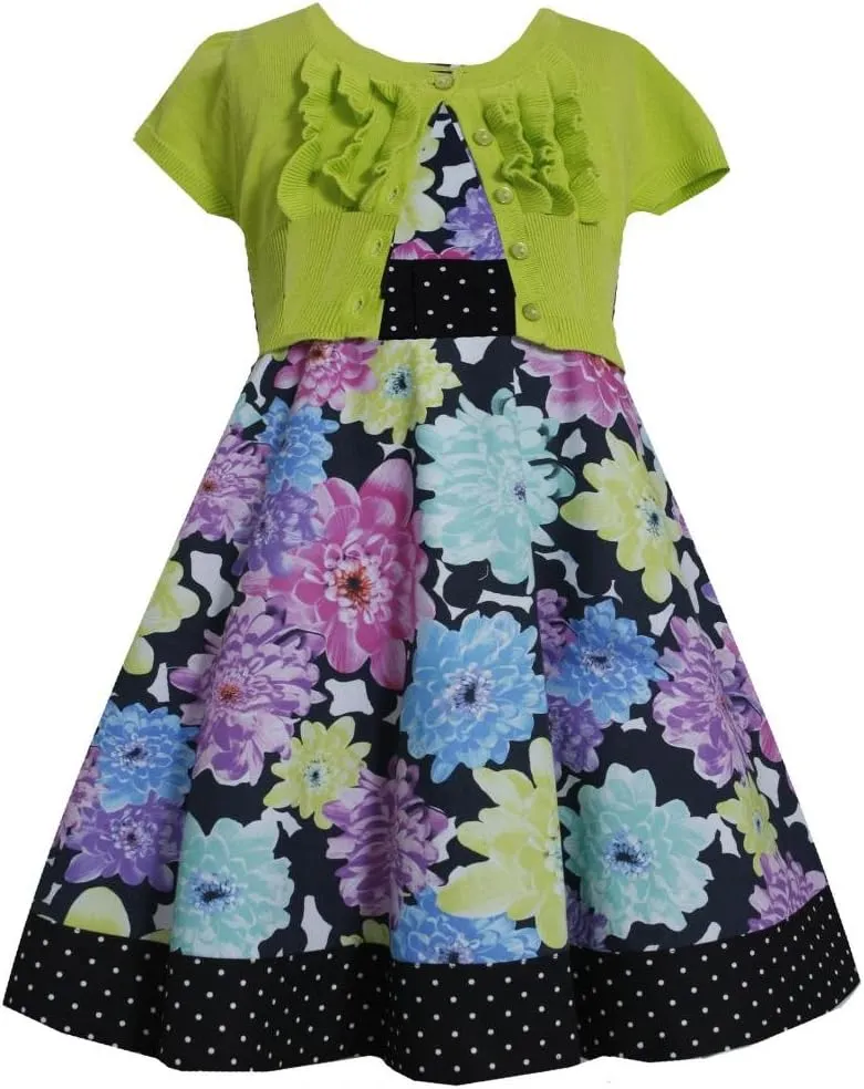 Bonnie Jean Little Girls 2T-6X Lime-Green Black Floral Print Dress/Jacket Set
