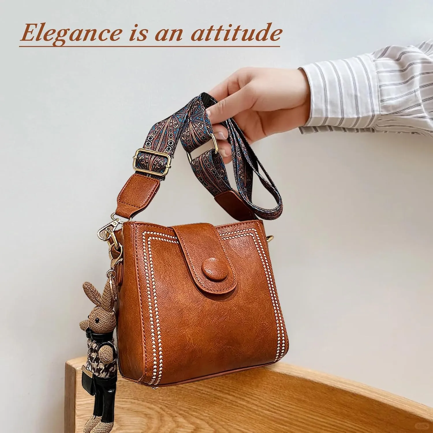 Bootara Bucket Bag, Bootara Women's Vintage Bunny Charm Bucket Bag – Convertible Shoulder Crossbody (Brown)
