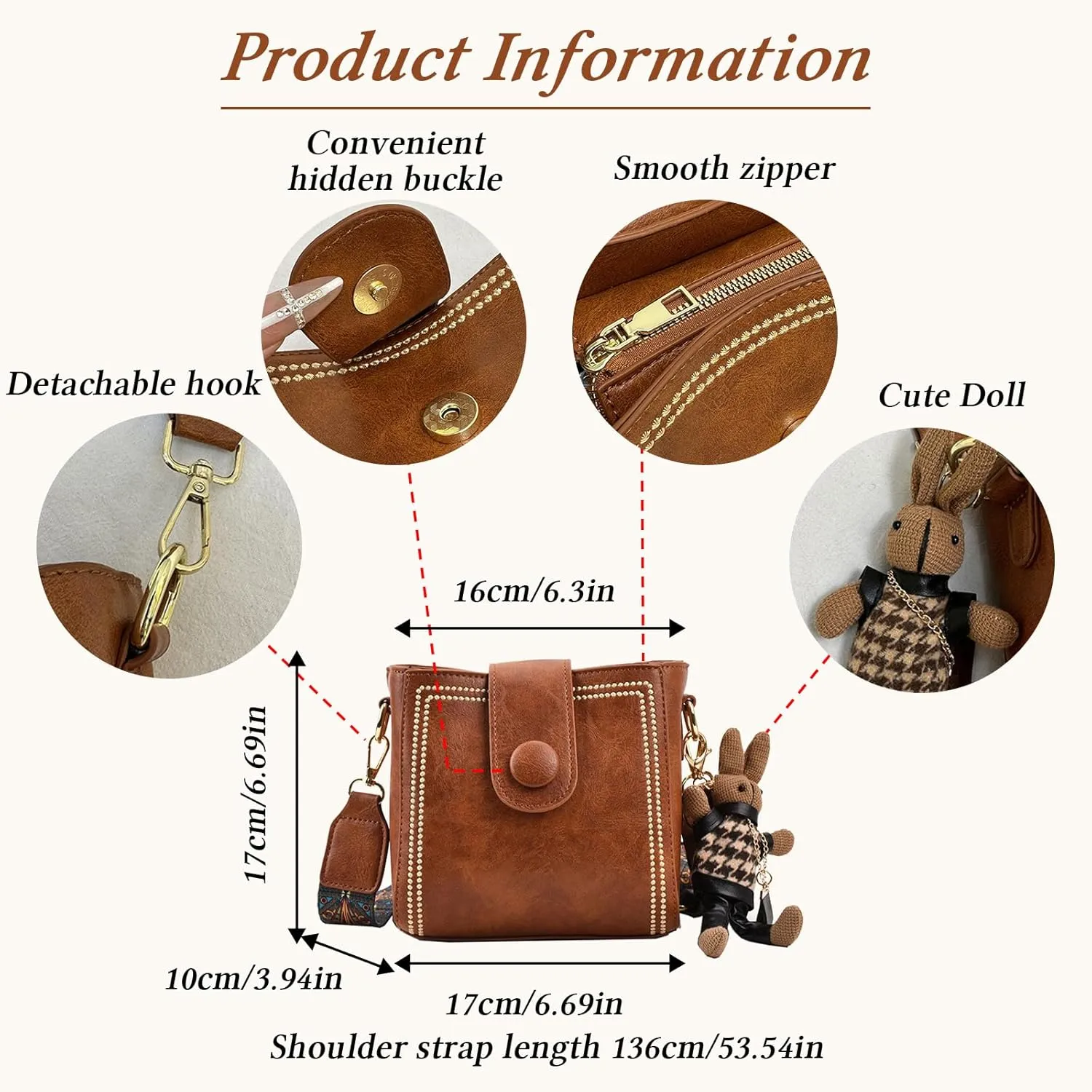 Bootara Bucket Bag, Bootara Women's Vintage Bunny Charm Bucket Bag – Convertible Shoulder Crossbody (Brown)