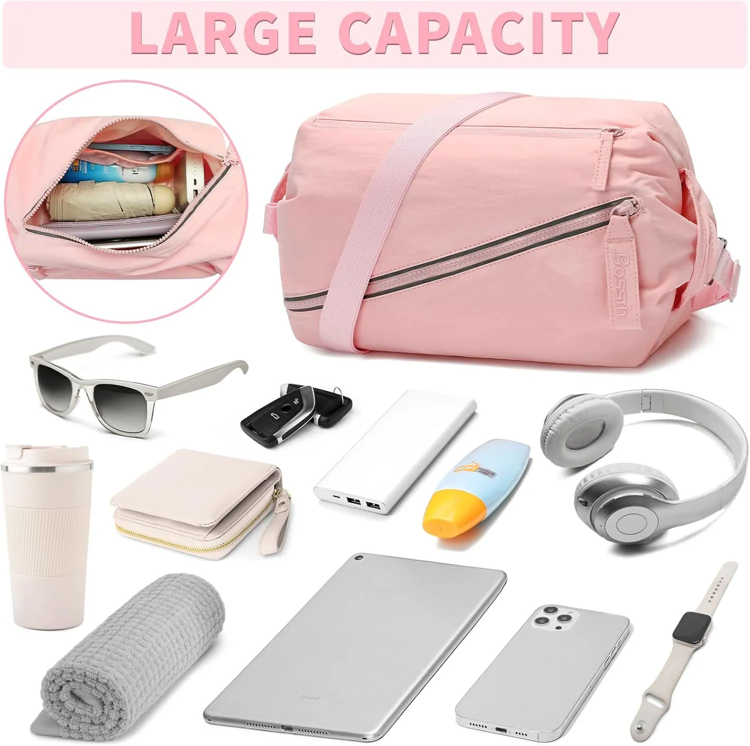 BOSSTIN Small Gym Bag for Women Men, Small Duffle Bag Crossbody Bags for Women, Lightweight Compact Sports Bag for Gym Work Fitness Travel, 3 in 1 Workout Bag-Hot Pink