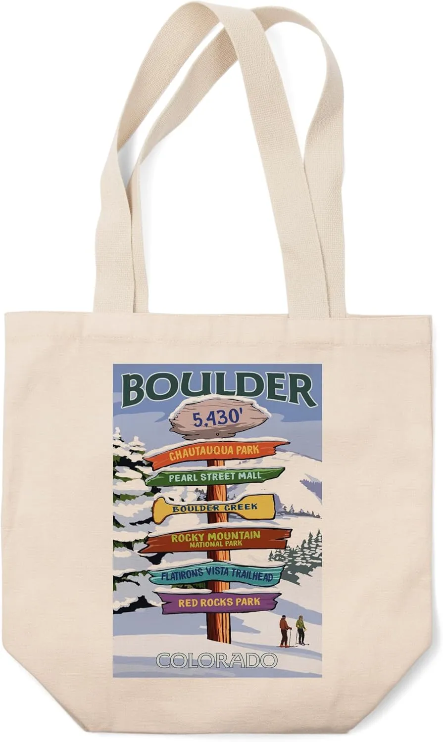 Boulder, Colorado, Winter Signpost Destinations (100% Cotton Canvas Reusable Tote Bag)
