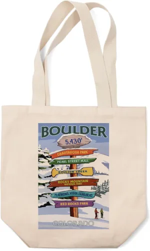 Boulder, Colorado, Winter Signpost Destinations (100% Cotton Canvas Reusable Tote Bag)
