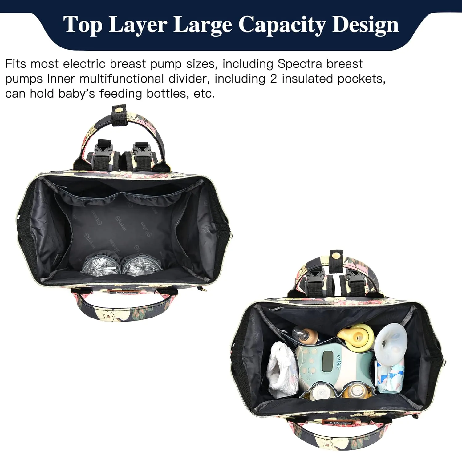 Breast Pump Backpack with Pacifier Case, Cooler & Moistureproof Diaper Bag Backpack Tote Bag with USB Charging Port & Headphone, Double Layer Stroller Straps Multipurpose Backpack for Working Mothers