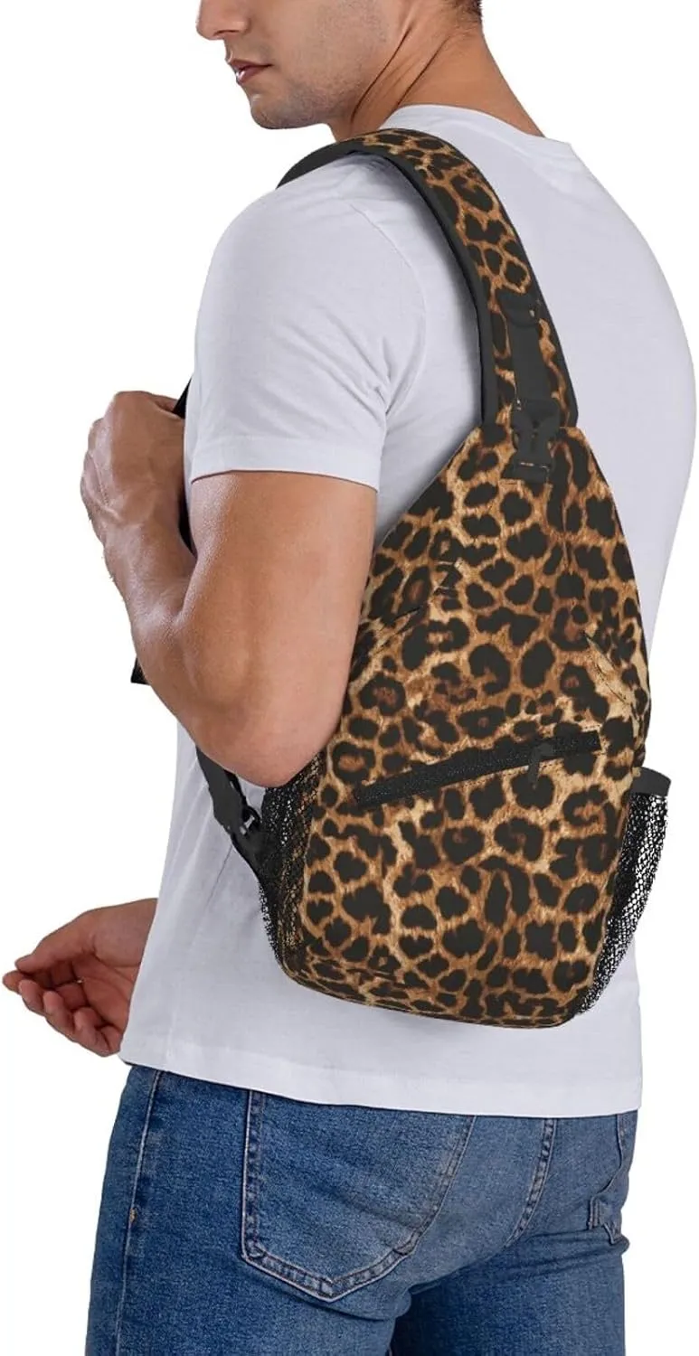 Brown Leopard Print Sling Bag Crossbody Backpack,Abstract Spotted Fur Wild Animal Skin Texture Chest Bag Casual Shoulder Backpack Cute Cheetah Pattern Travel Hiking Daypack for Men Women