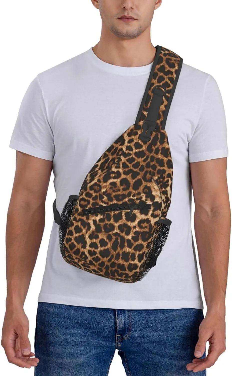 Brown Leopard Print Sling Bag Crossbody Backpack,Abstract Spotted Fur Wild Animal Skin Texture Chest Bag Casual Shoulder Backpack Cute Cheetah Pattern Travel Hiking Daypack for Men Women