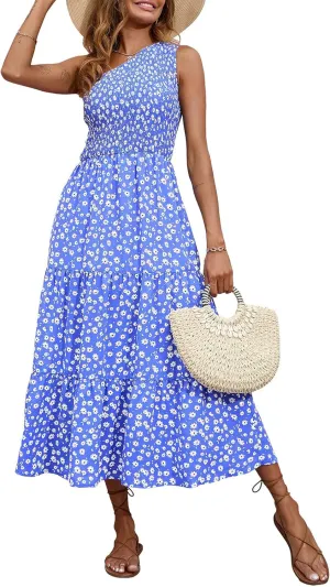 BTFBM 2025 Summer One Shoulder Dresses for Women Casual Sleeveless High Waist Floral Flowy Smocked Boho Beach Maxi Dress
