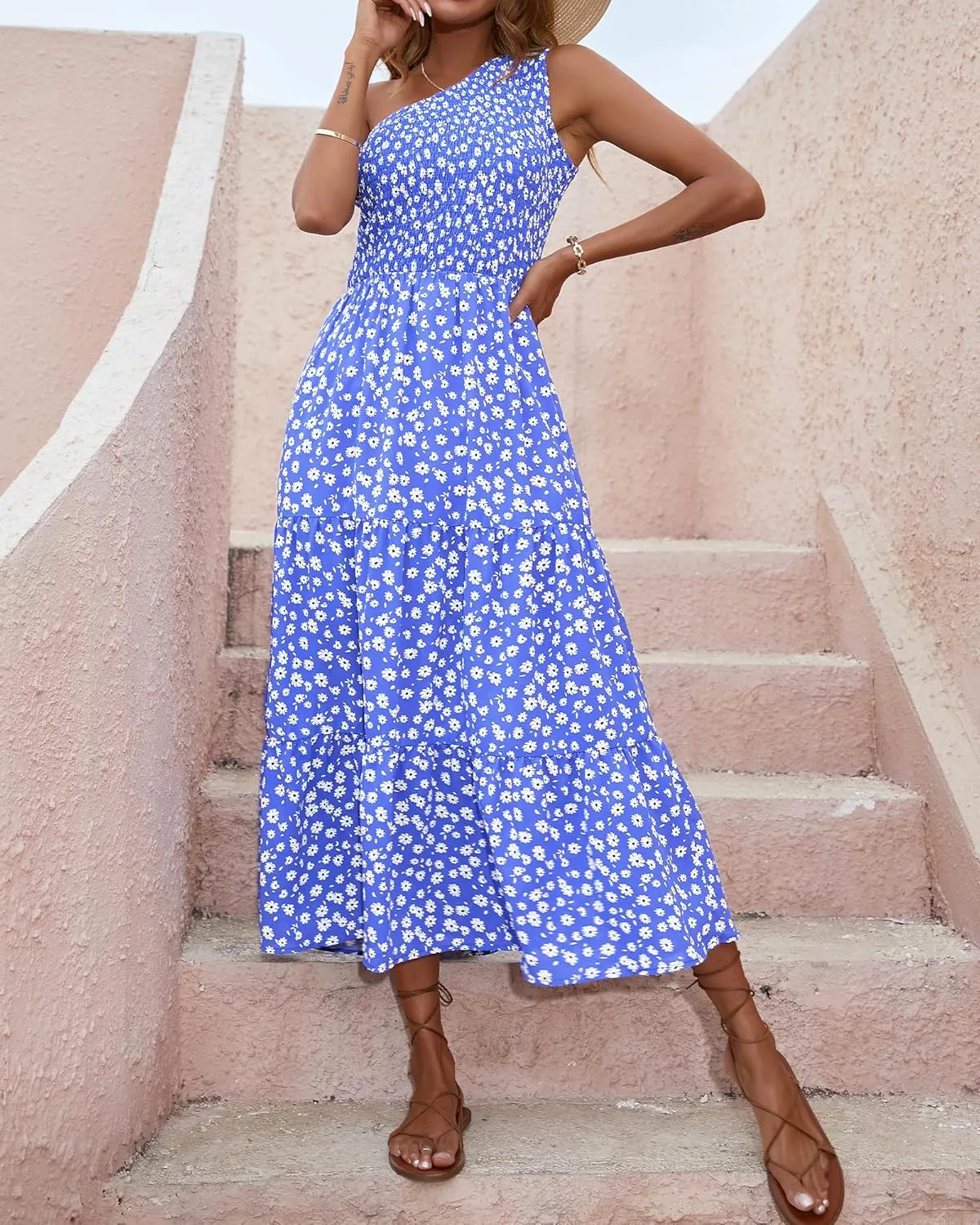 BTFBM 2025 Summer One Shoulder Dresses for Women Casual Sleeveless High Waist Floral Flowy Smocked Boho Beach Maxi Dress