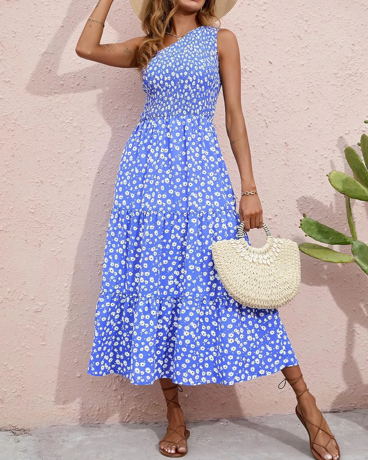 BTFBM 2025 Summer One Shoulder Dresses for Women Casual Sleeveless High Waist Floral Flowy Smocked Boho Beach Maxi Dress