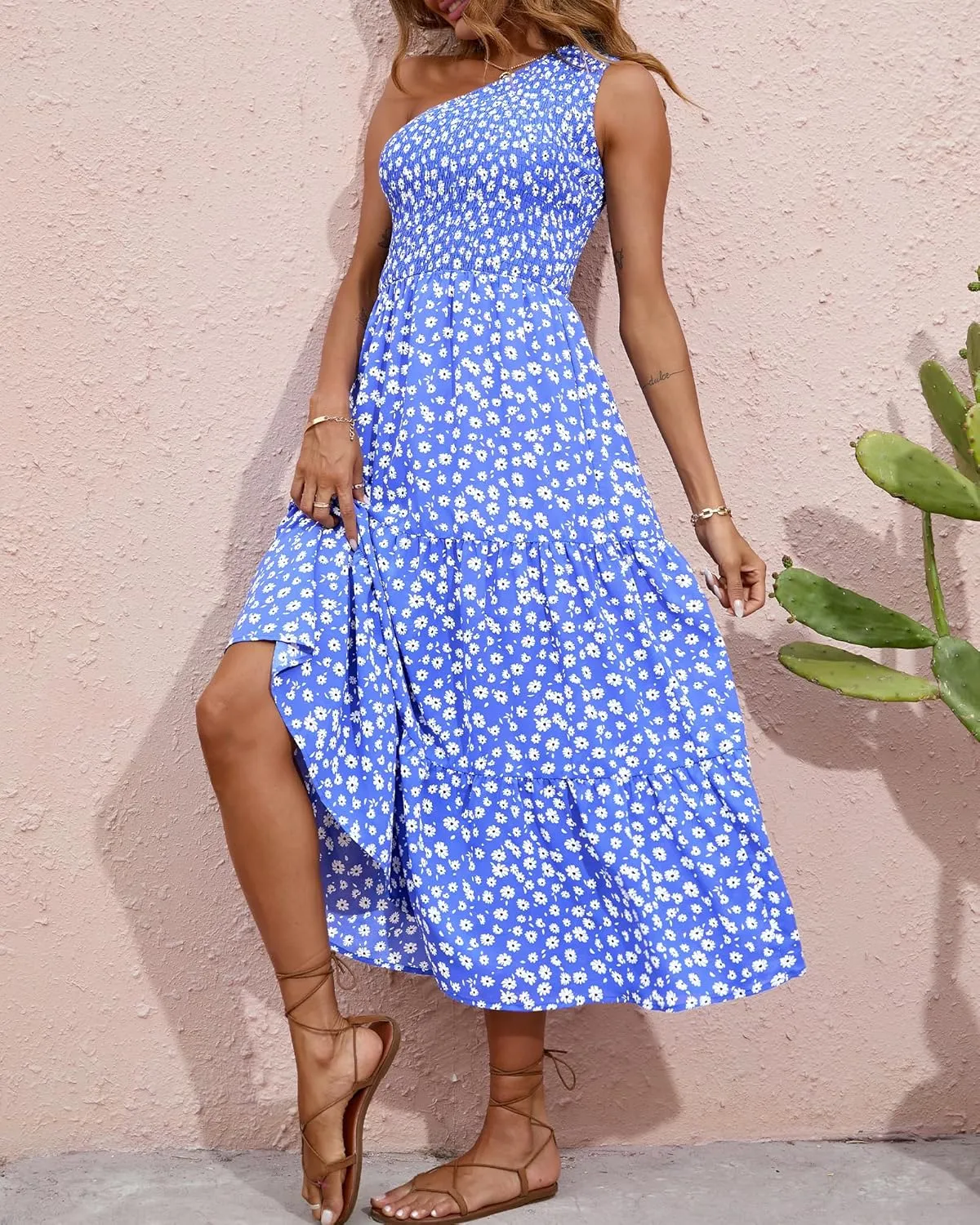 BTFBM 2025 Summer One Shoulder Dresses for Women Casual Sleeveless High Waist Floral Flowy Smocked Boho Beach Maxi Dress