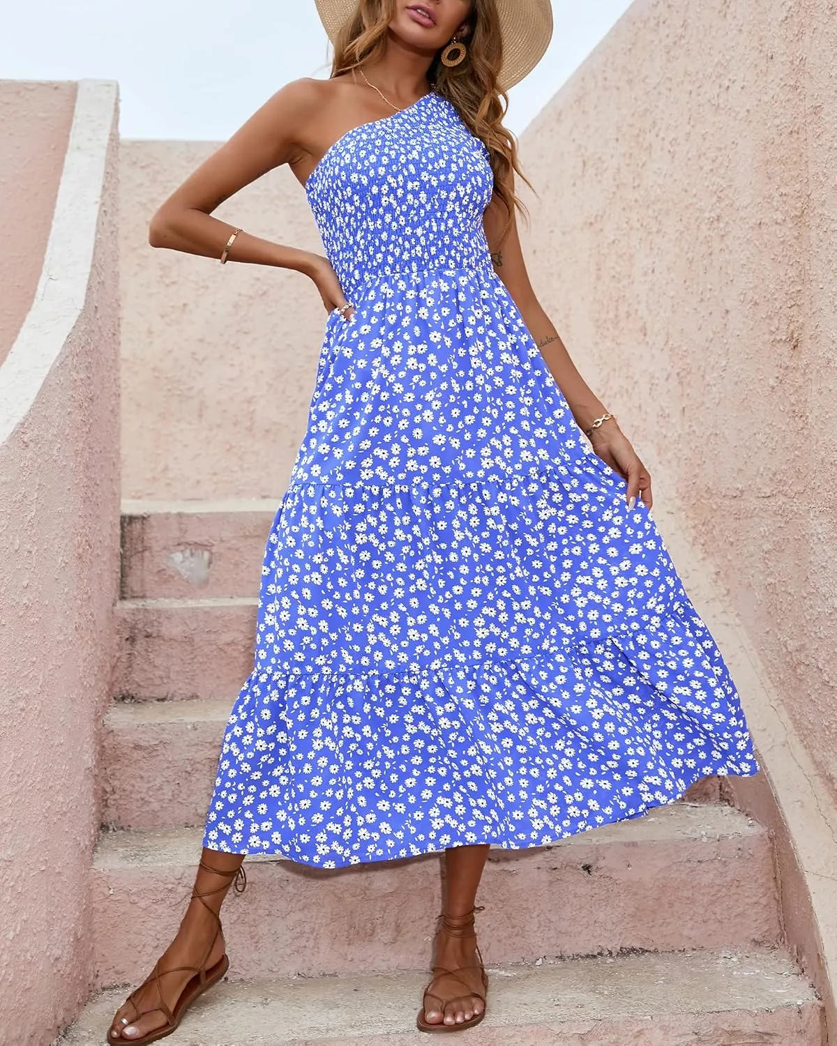 BTFBM 2025 Summer One Shoulder Dresses for Women Casual Sleeveless High Waist Floral Flowy Smocked Boho Beach Maxi Dress