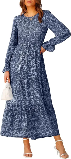 BTFBM Women Casual Long Sleeve Crew Neck Fall Dress Bohemian Relaxed Fit Floral Flowy Maxi Dresses Tiered Cocktail Dress