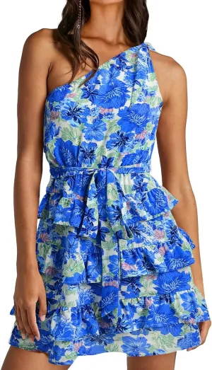 BTFBM Women One Shoulder Summer Dresses 2025 Floral Sundress High Waist Flowy A Line Mini Beach Wedding Guest Dress